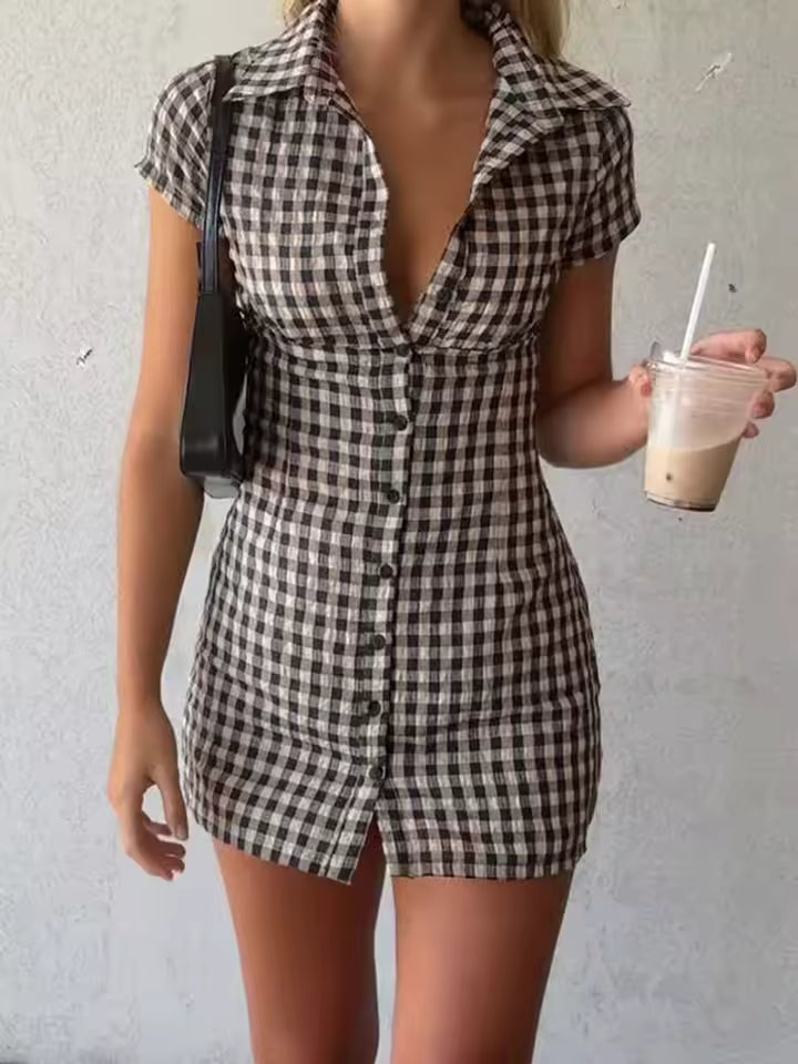 Simple Plaid Elegant Causal Trendy Chic Button Slim Fit Mini Frock