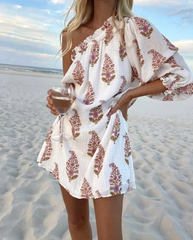 Simple Plant Print Pleated Diagonal Shoulder Lantern Sleeve Casual Loose Fitting Dress