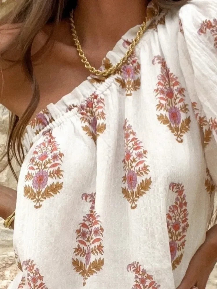 Simple Plant Print Pleated Diagonal Shoulder Lantern Sleeve Casual Loose Fitting Dress