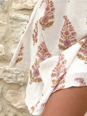Simple Plant Print Pleated Diagonal Shoulder Lantern Sleeve Casual Loose Fitting Dress