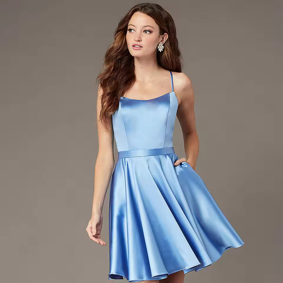 Simple Satin Spaghetti Strap Backless Short Evening Dress