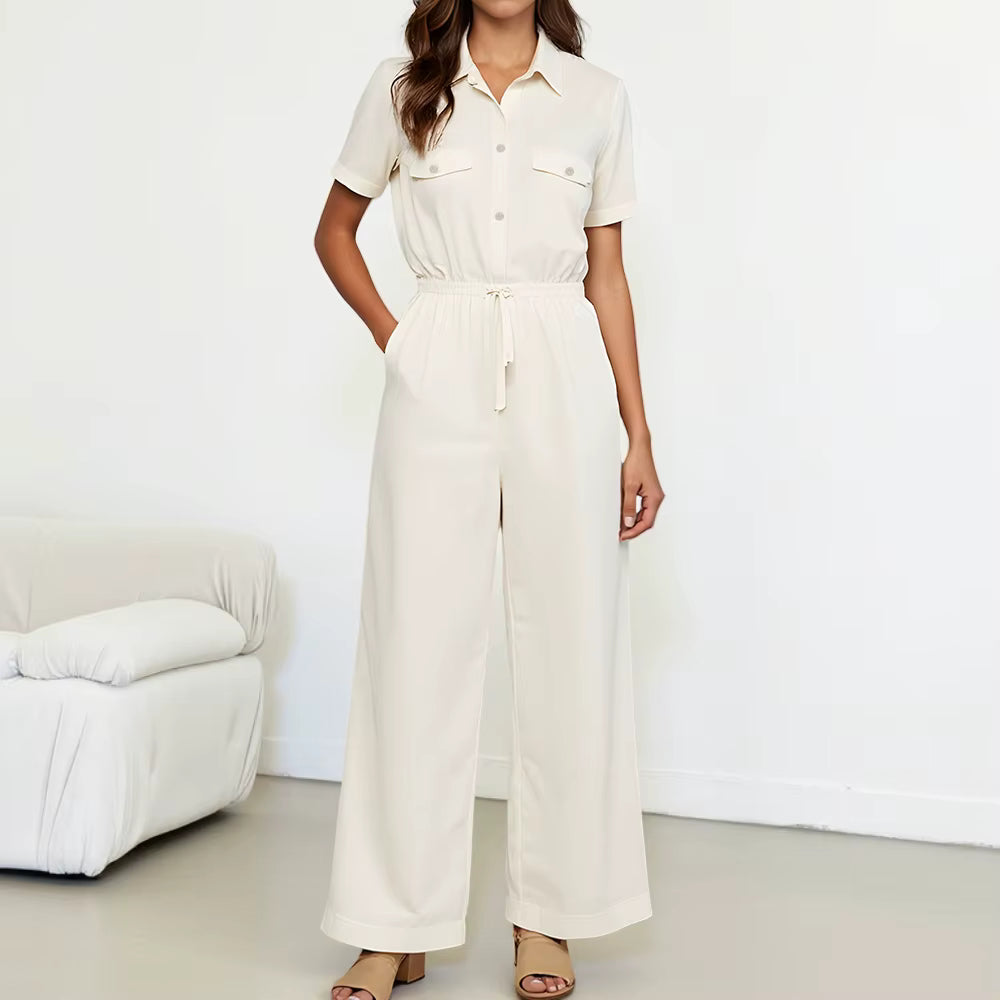 Simple Single Breasted Short Sleeve Shirt Collar Ankle Straight Jumpsuits