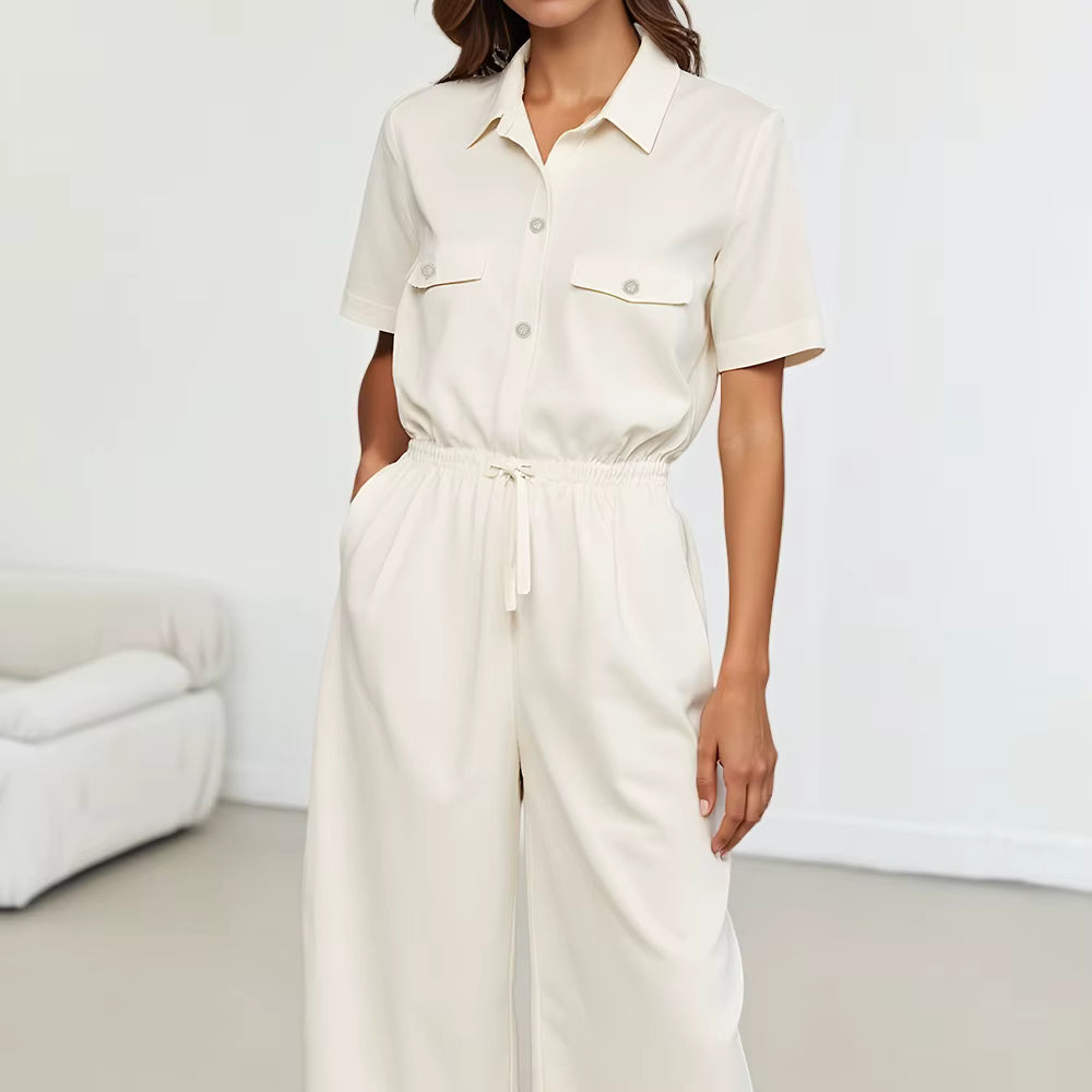 Simple Single Breasted Short Sleeve Shirt Collar Ankle Straight Jumpsuits