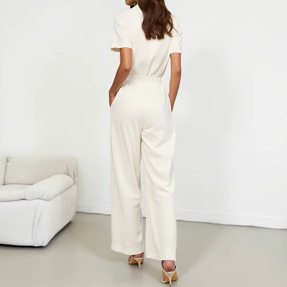 Simple Single Breasted Short Sleeve Shirt Collar Ankle Straight Jumpsuits