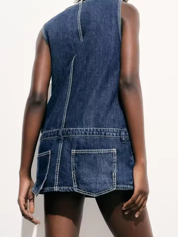 Simple Sleeveless V-neck Pocket Decoration Denim Jumpsuit Mini Dress