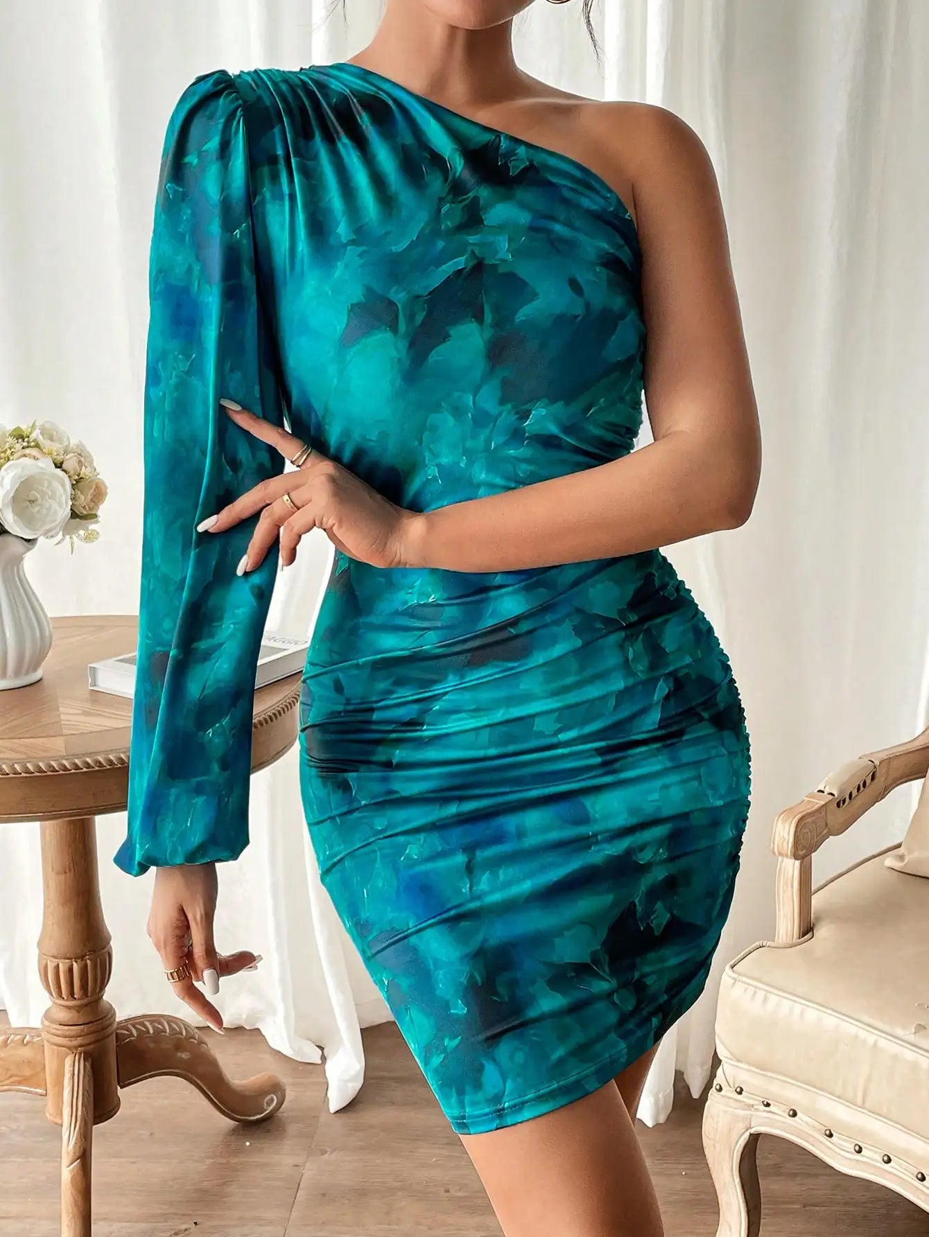 Simple Tie Dye One Shoulder Ruched Bodycon High Stretch Mini Dress