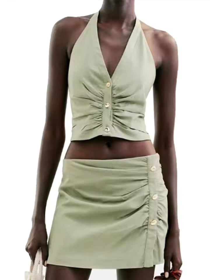 Single Breasted Halter Sleeveless Backless Crop Top Short Skirt Solid Sets
