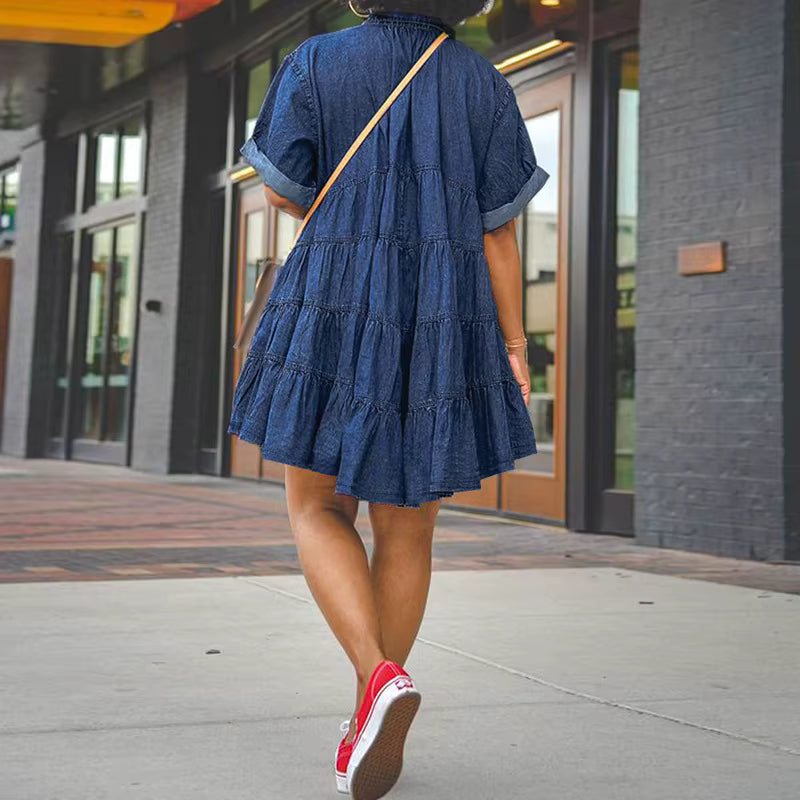 Single Breasted Short Sleeve Lapel Collar Loose Denim Washed Smock Dress