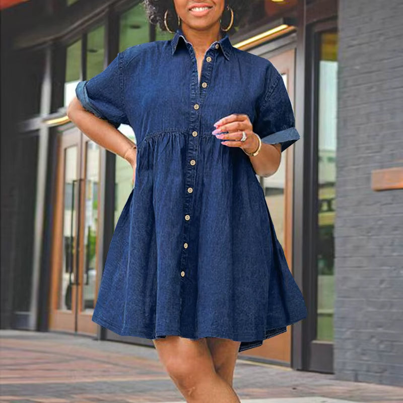 Single Breasted Short Sleeve Lapel Collar Loose Denim Washed Smock Dress