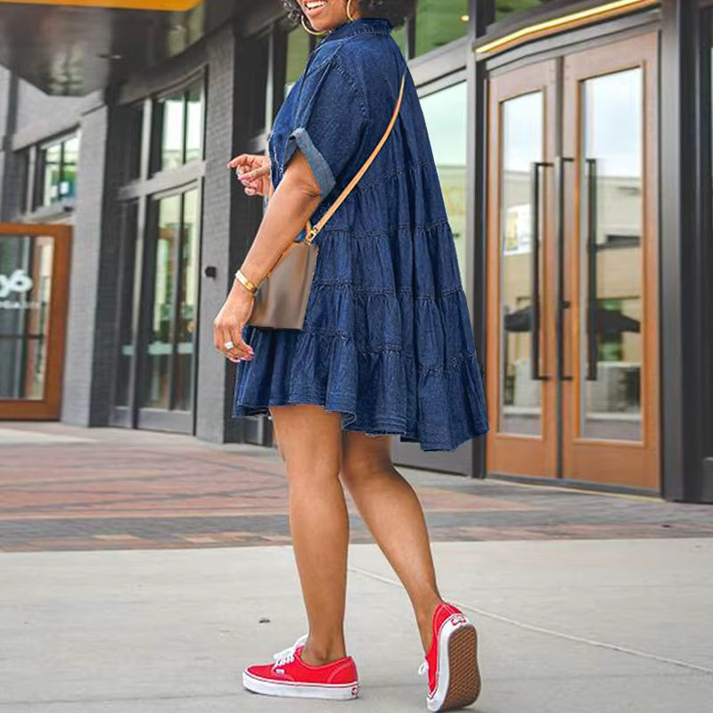 Single Breasted Short Sleeve Lapel Collar Loose Denim Washed Smock Dress