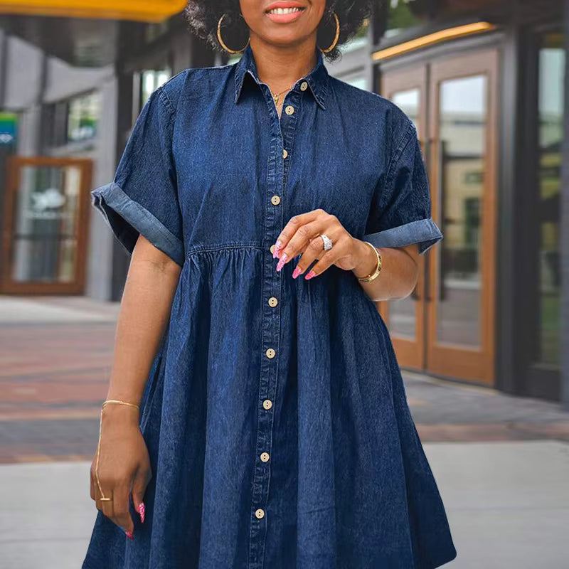 Single Breasted Short Sleeve Lapel Collar Loose Denim Washed Smock Dress