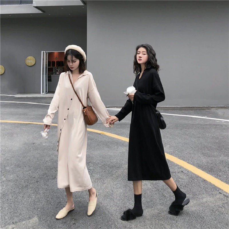 Single Breasted  Straight Turn-down Collar Asymmetric Loose Sweater Dress