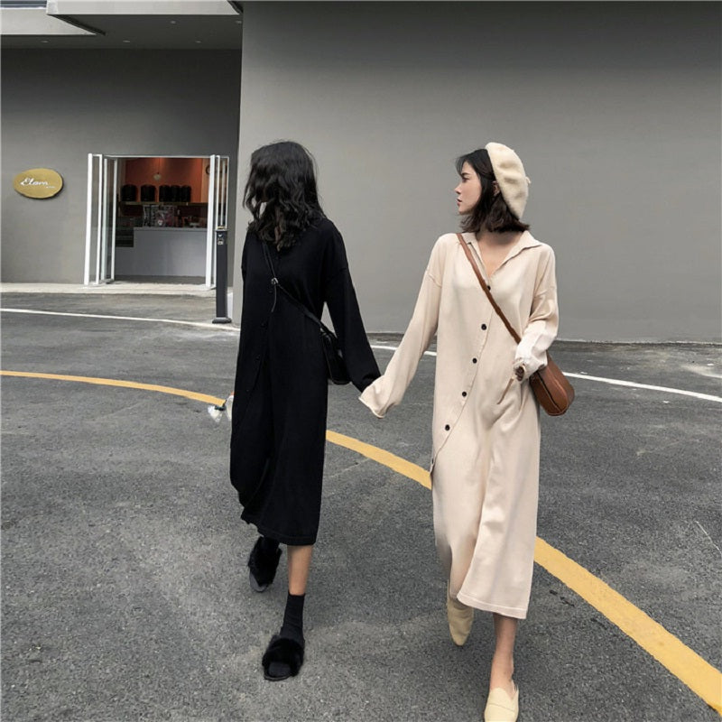 Single Breasted  Straight Turn-down Collar Asymmetric Loose Sweater Dress