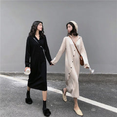 Single Breasted  Straight Turn-down Collar Asymmetric Loose Sweater Dress