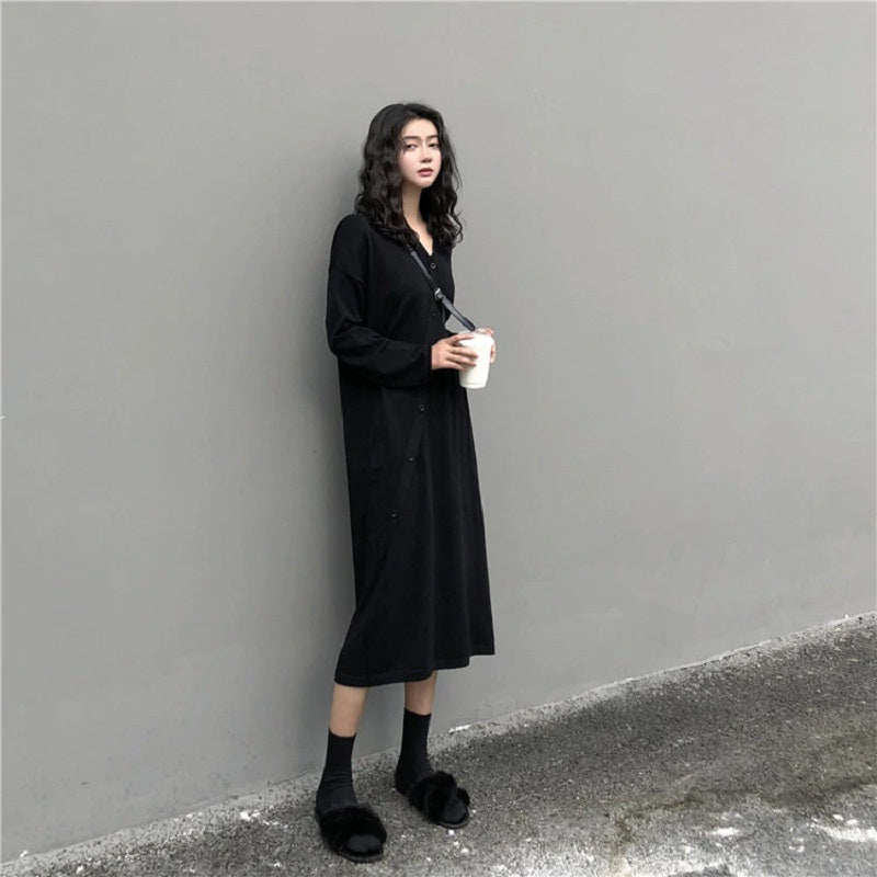 Single Breasted  Straight Turn-down Collar Asymmetric Loose Sweater Dress