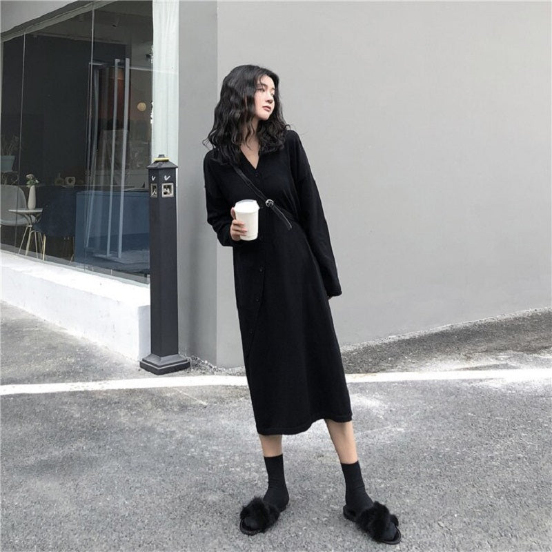 Single Breasted  Straight Turn-down Collar Asymmetric Loose Sweater Dress
