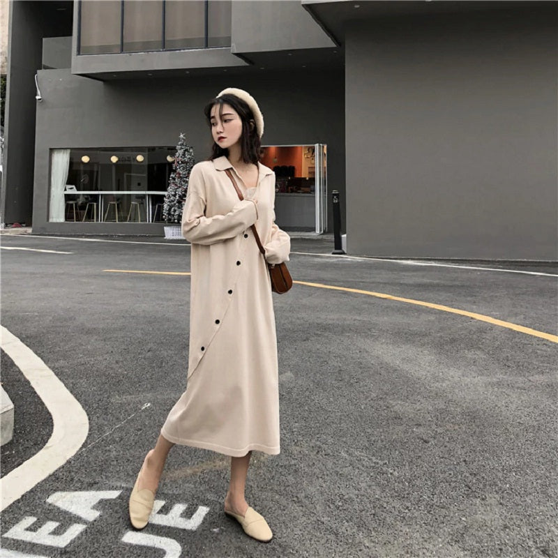 Single Breasted  Straight Turn-down Collar Asymmetric Loose Sweater Dress