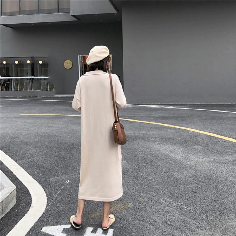 Single Breasted  Straight Turn-down Collar Asymmetric Loose Sweater Dress