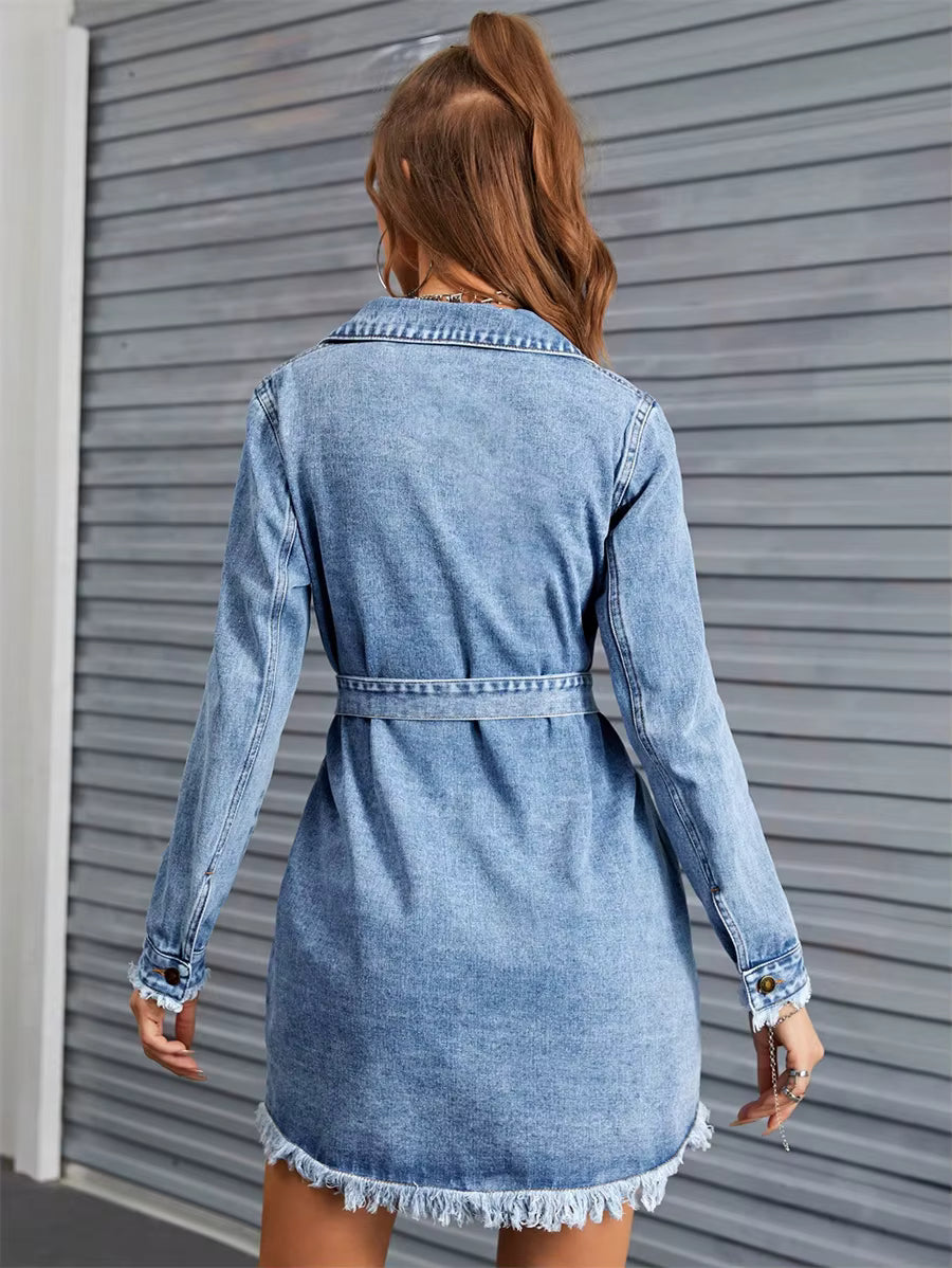 Single Breasted Streetwear Long Sleeve Fringed Hem Denim Belted Jean Dresses