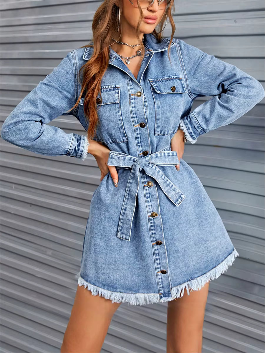 Single Breasted Streetwear Long Sleeve Fringed Hem Denim Belted Jean Dresses