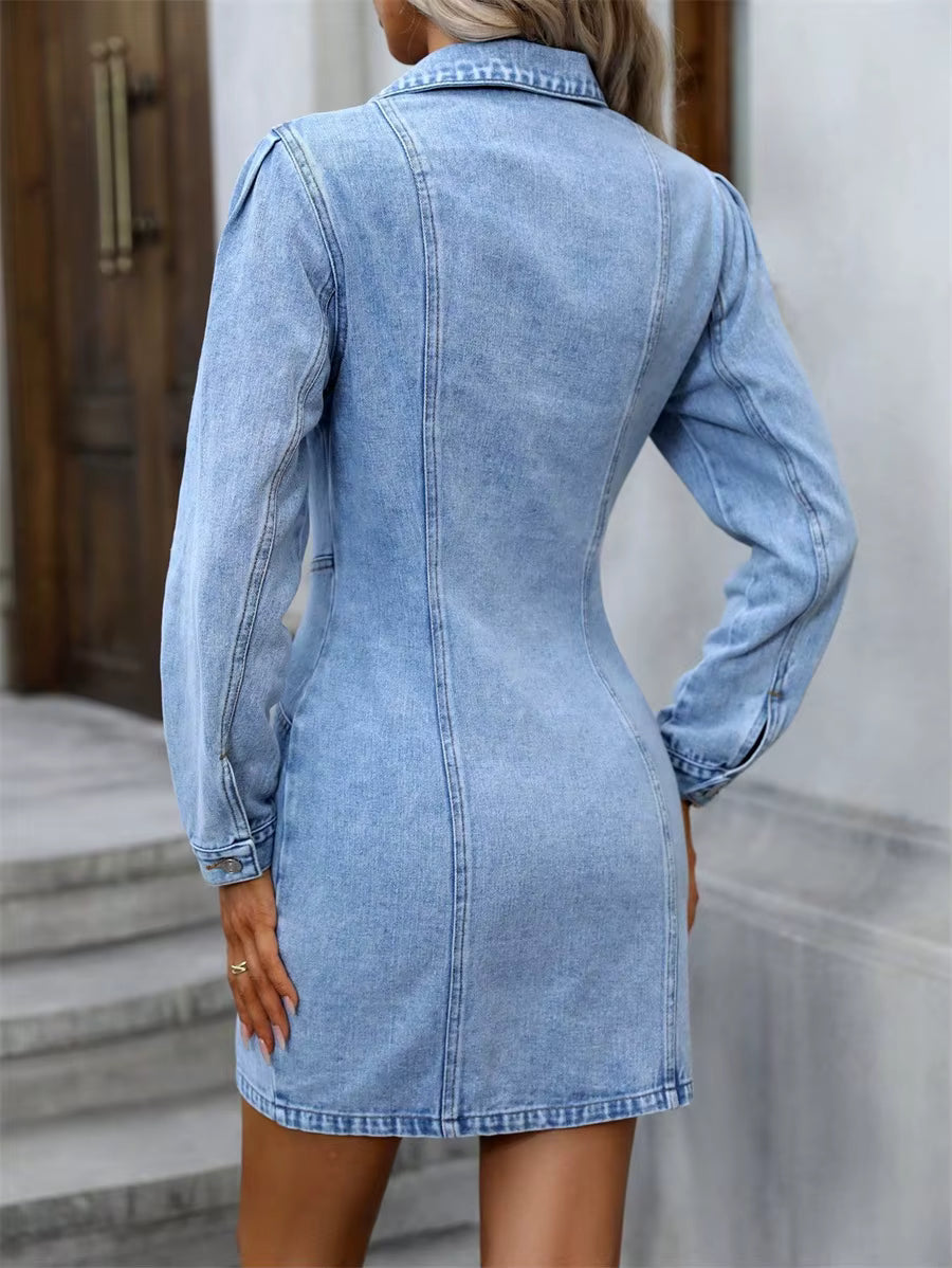 Single Breasted Turn-down Collar Long Sleeve Streetwear Bodycon Mini Denim Dress
