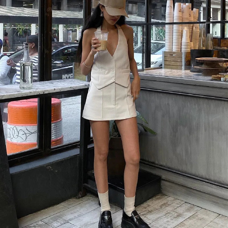 Halter Small Suit Simple Backless Sleeveless Office Two Piece Set