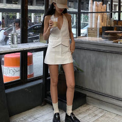 Halter Small Suit Simple Backless Sleeveless Office Two Piece Set