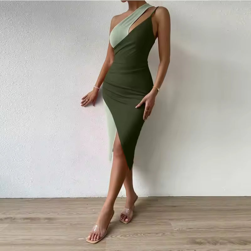 Single Shoulder Cut-out Side Split Split Sleeveless Dresses