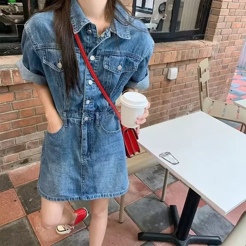 Single-breasted Slimming Turn down collar Short sleeve Mini Dress