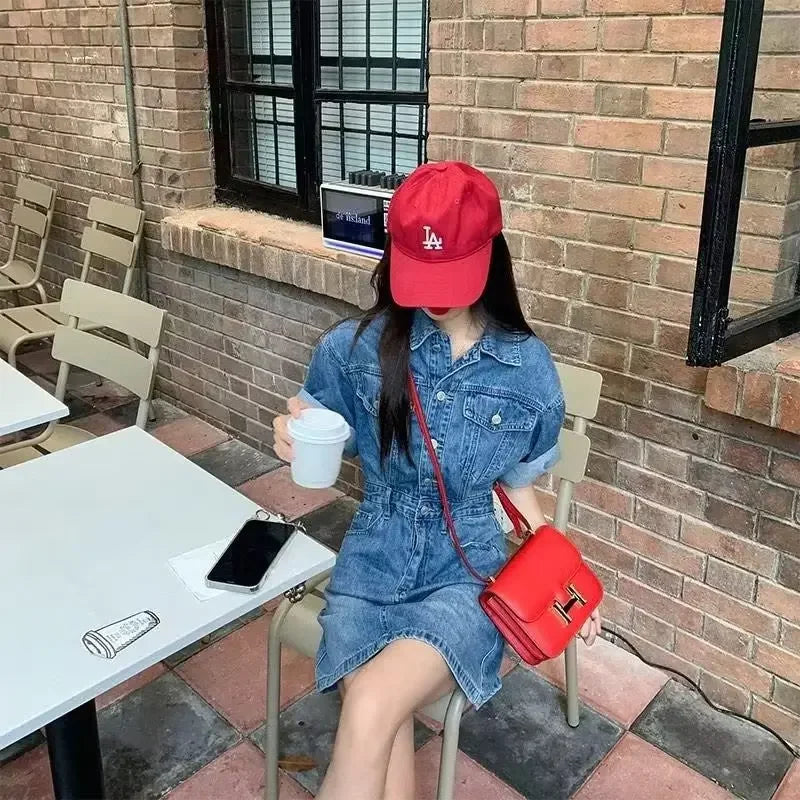 Single-breasted Slimming Turn down collar Short sleeve Mini Dress
