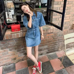 Single-breasted Slimming Turn down collar Short sleeve Mini Dress