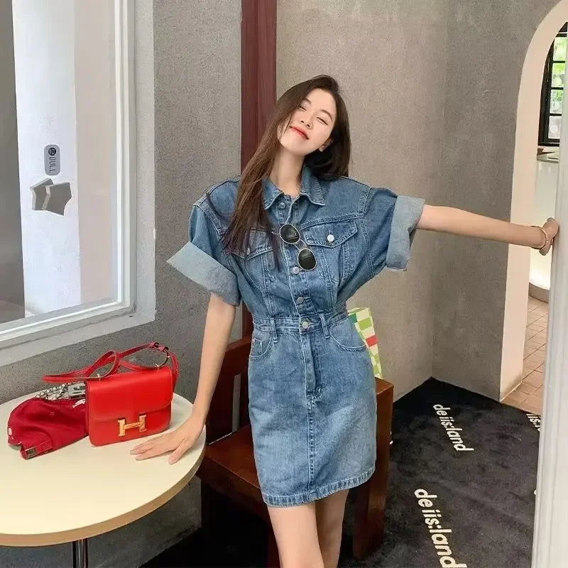Single-breasted Slimming Turn down collar Short sleeve Mini Dress