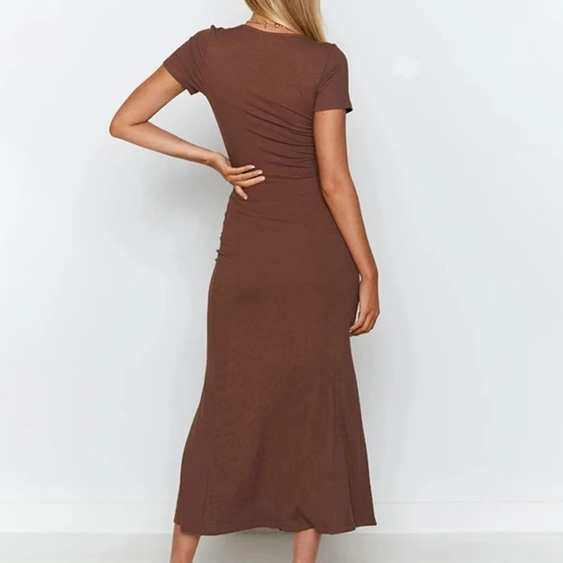 Single-breasted Solid V-neck Party Bodycon Maxi Dresses