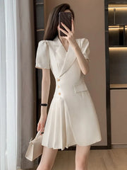 Single-button Closure A-line Pleated Short Sleeve Solid Sheath Blazer Dress