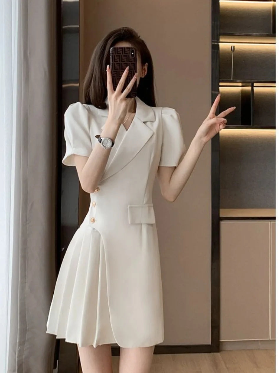 Single-button Closure A-line Pleated Short Sleeve Solid Sheath Blazer Dress