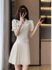 Single-button Closure A-line Pleated Short Sleeve Solid Sheath Blazer Dress