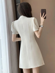 Single-button Closure A-line Pleated Short Sleeve Solid Sheath Blazer Dress