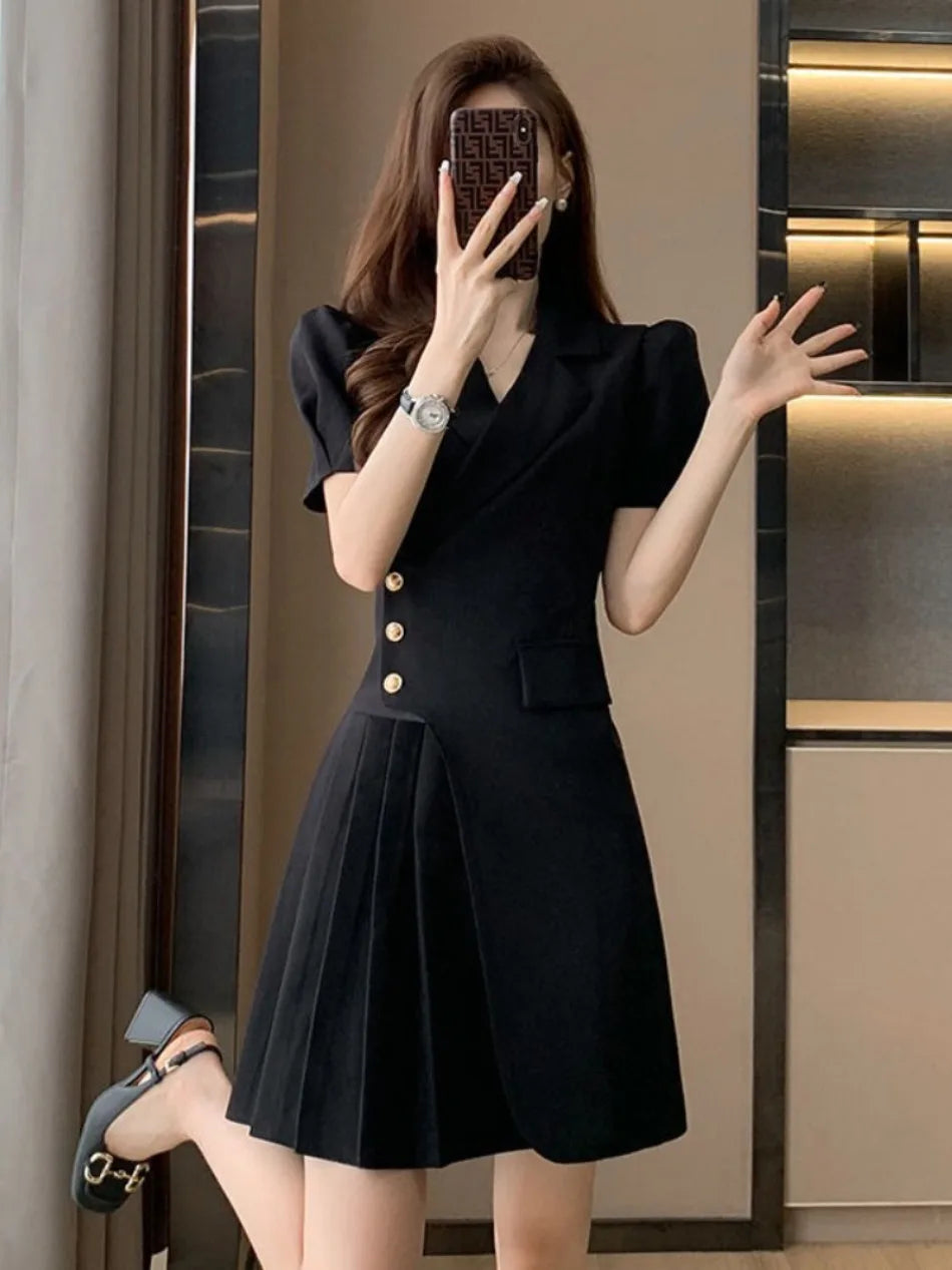 Single-button Closure A-line Pleated Short Sleeve Solid Sheath Blazer Dress