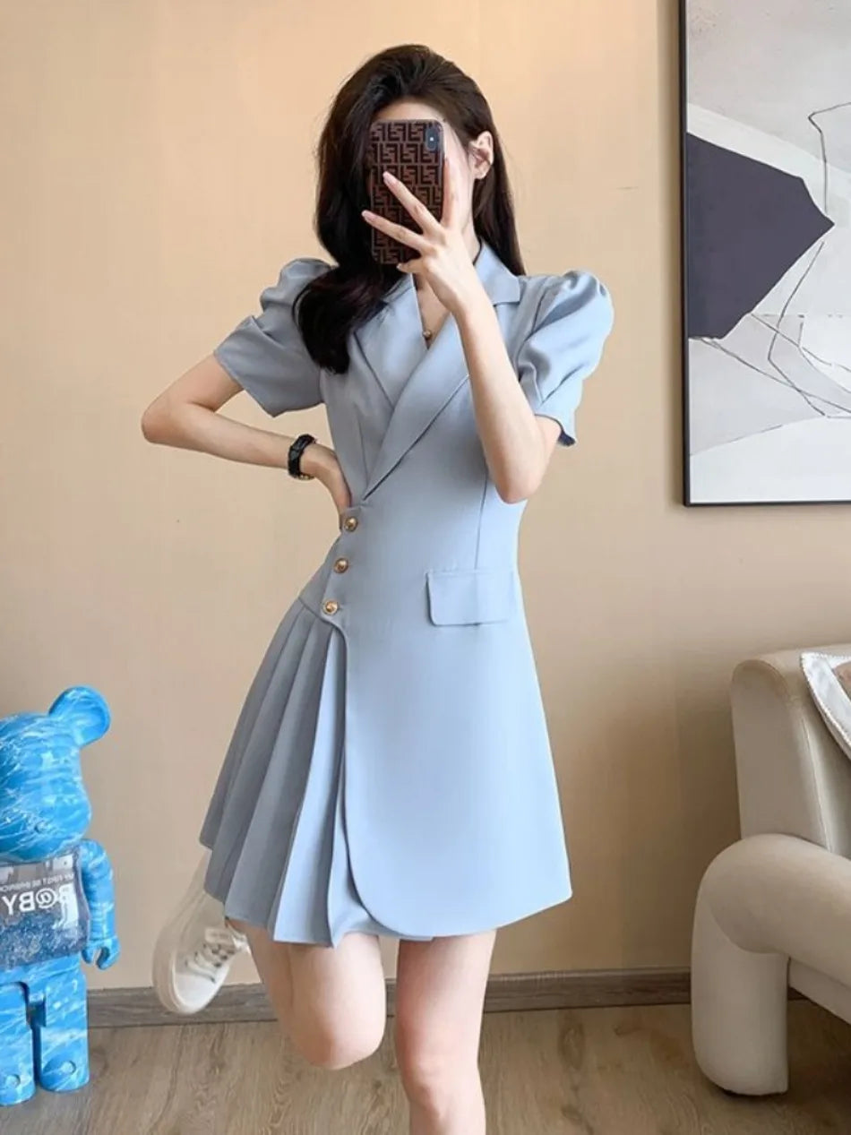 Single-button Closure A-line Pleated Short Sleeve Solid Sheath Blazer Dress