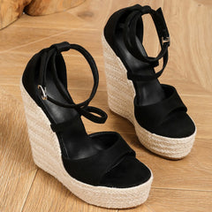 Size 35-42 Platform Wedge Sandals Thick Bottom Open Toe Buckle Strap Black High Heel