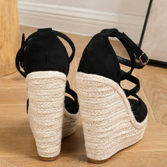 Size 35-42 Platform Wedge Sandals Thick Bottom Open Toe Buckle Strap Black High Heel