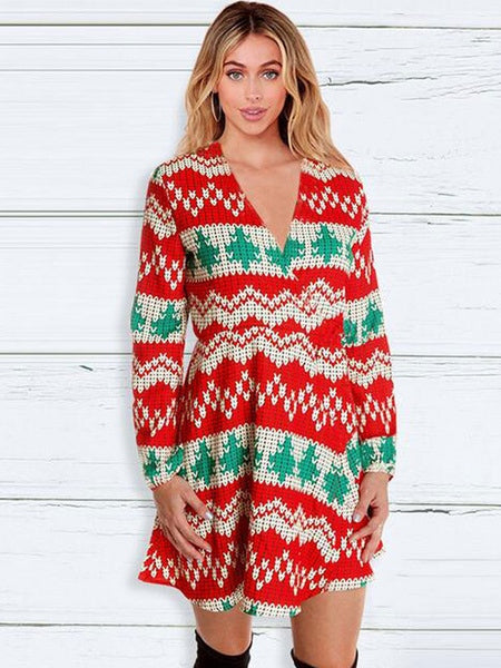 Skater Dresses Christmas Pattern Polyester V Neck Long Sleeves Fit Dress