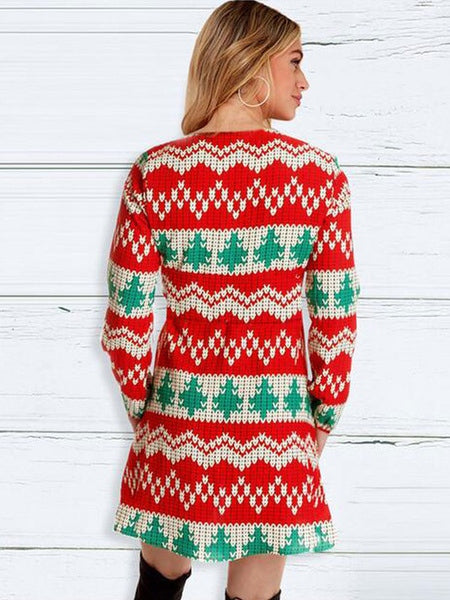 Skater Dresses Christmas Pattern Polyester V Neck Long Sleeves Fit Dress