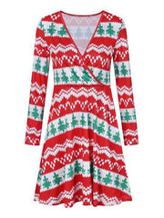 Skater Dresses Christmas Pattern Polyester V Neck Long Sleeves Fit Dress
