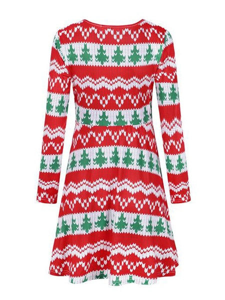 Skater Dresses Christmas Pattern Polyester V Neck Long Sleeves Fit Dress
