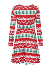 Skater Dresses Christmas Pattern Polyester V Neck Long Sleeves Fit Dress