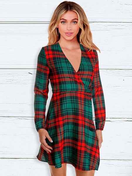 Skater Dresses Christmas Pattern Polyester V Neck Long Sleeves Fit Dress