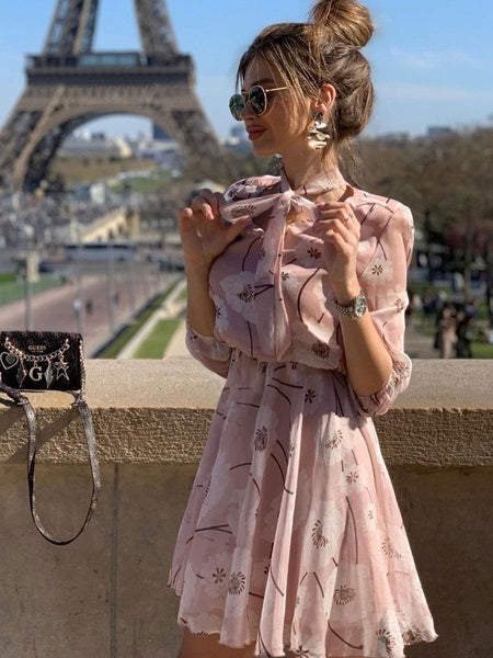 Skater Dresses Polyester V-Neck Lace Up Long Sleeves Fit And Flare Dress