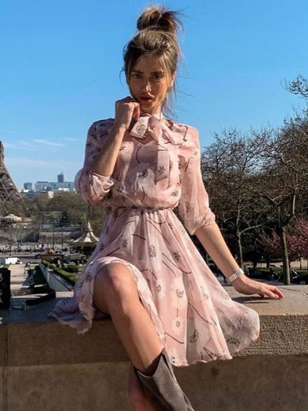 Skater Dresses Polyester V-Neck Lace Up Long Sleeves Fit And Flare Dress