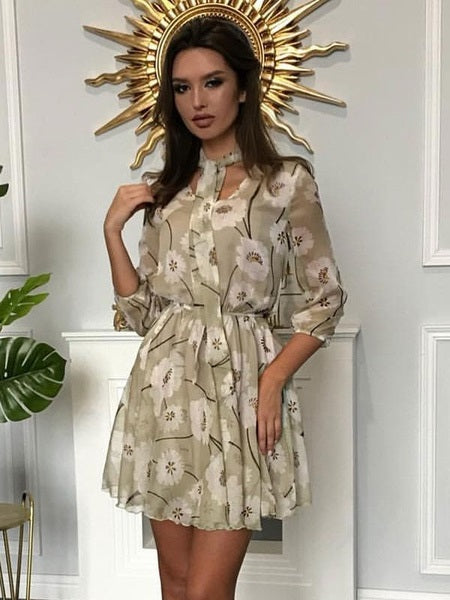 Skater Dresses Polyester V-Neck Lace Up Long Sleeves Fit And Flare Dress